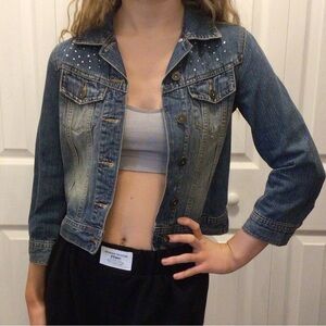 Riders Vintage Juniors Distressed Embellished Cropped Denim Jacket Size Small